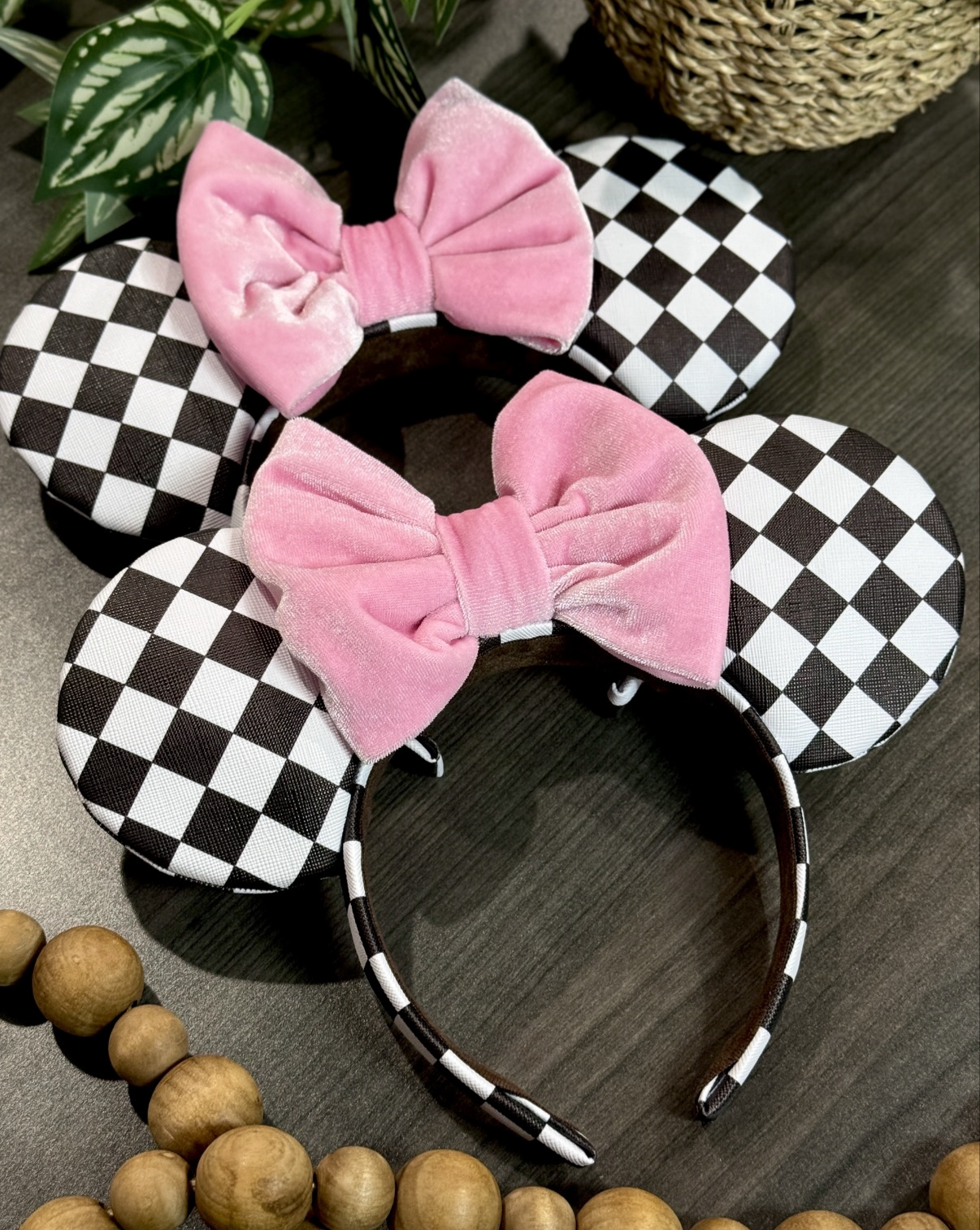 Checkered Pink Bow Ears